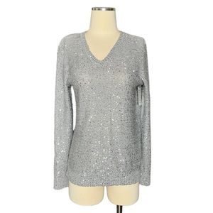 Jones New York Silver Sequin V-Neck Long Sleeve Sweater M